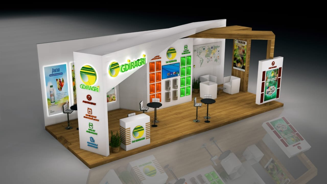 Stand avec zone de présentation produit et espace d'accueil